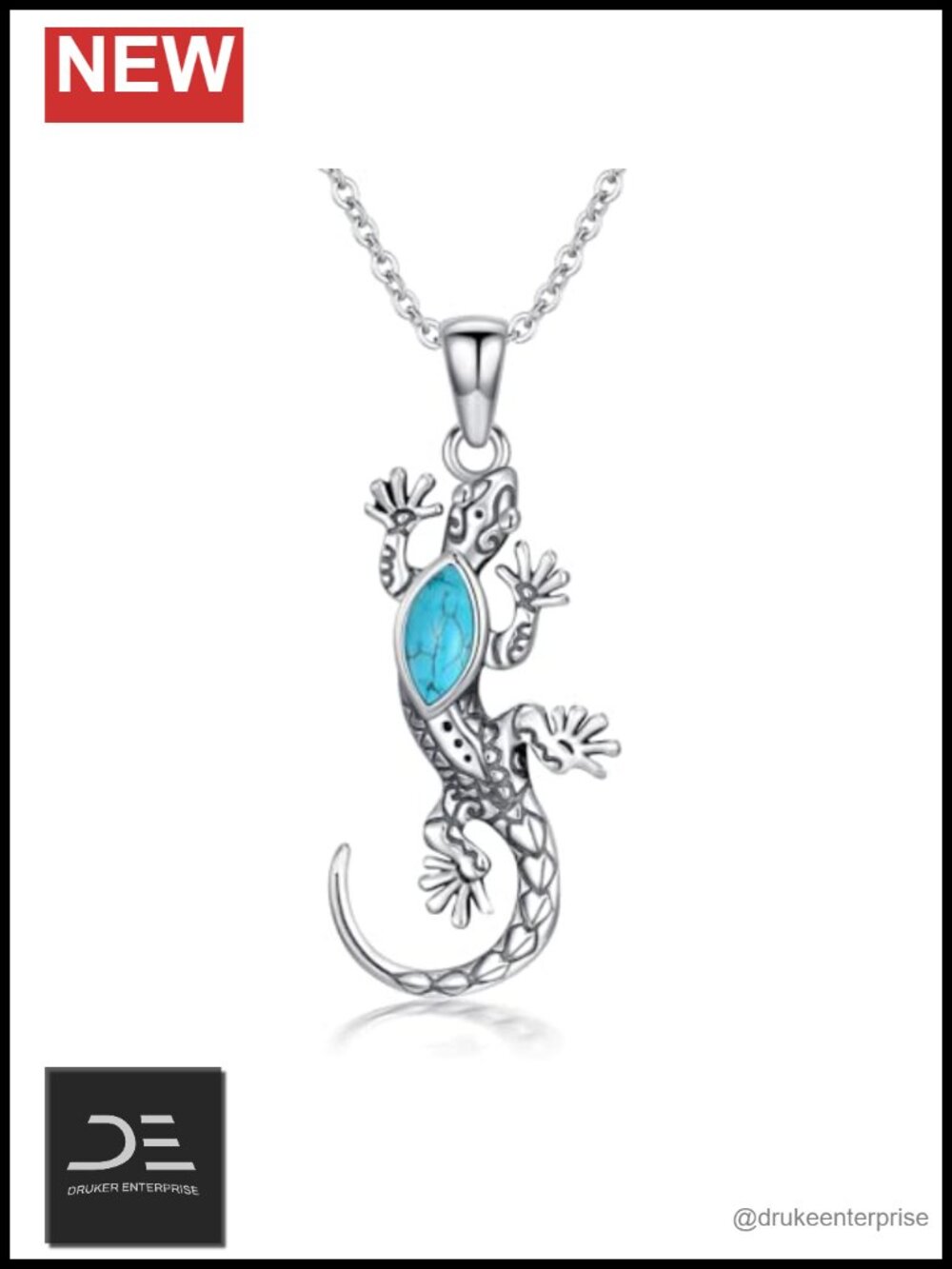 Real 925 Sterling Silver Turquoise Lizard Pendant Necklace